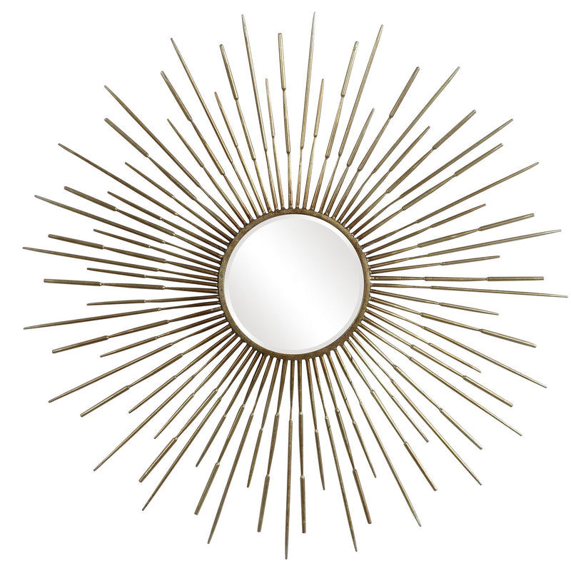 Golden Rays Starburst Mirror by Uttermost, a gold wall mirror with a radiant starburst design and circular central mirror.