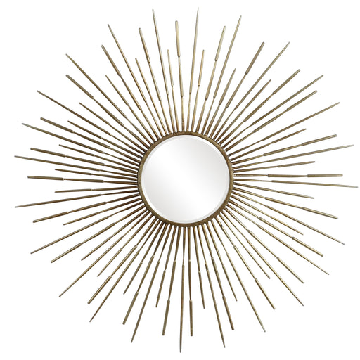Golden Rays Starburst Mirror by Uttermost, a gold wall mirror with a radiant starburst design and circular central mirror.
