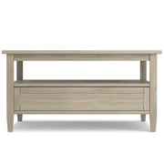 Handcrafted Warm Shaker coffee table by Simpli-Home with a smooth wooden surface and sturdy legs in a cozy living room setting
