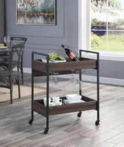 ACME Jerrick serving cart with walnut wood surfaces and black metal frame, designed for bar and serving use.