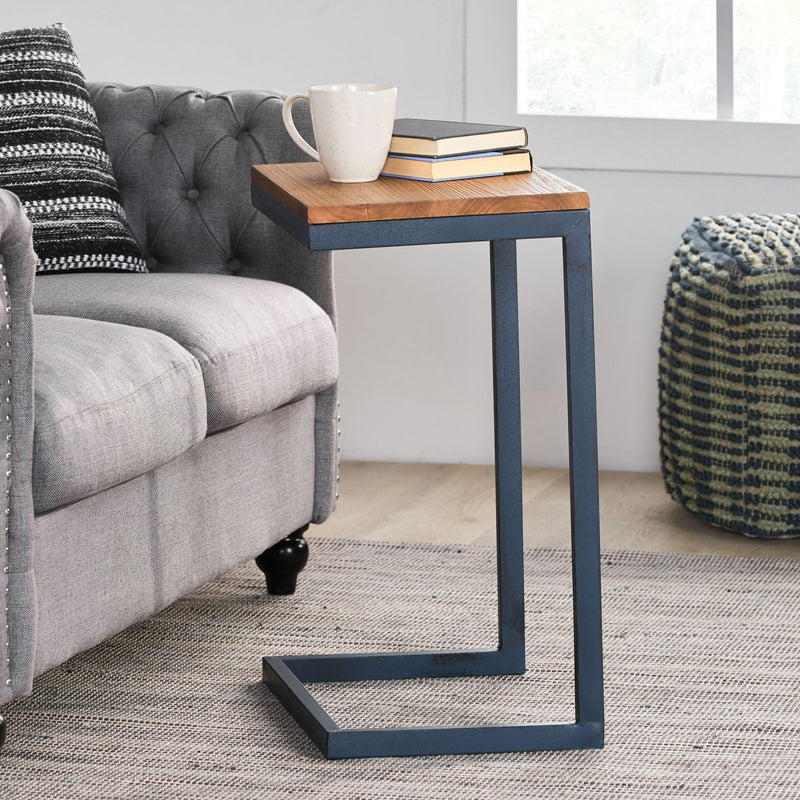 Noble House C-shaped end table with iron base and fir wood top, perfect as a chair side table in modern living spaces.