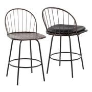 Lumi Source Riley Claire farmhouse counter stool set with swivel, fixed height, round footrest, and rustic wood finish, two stools shown.