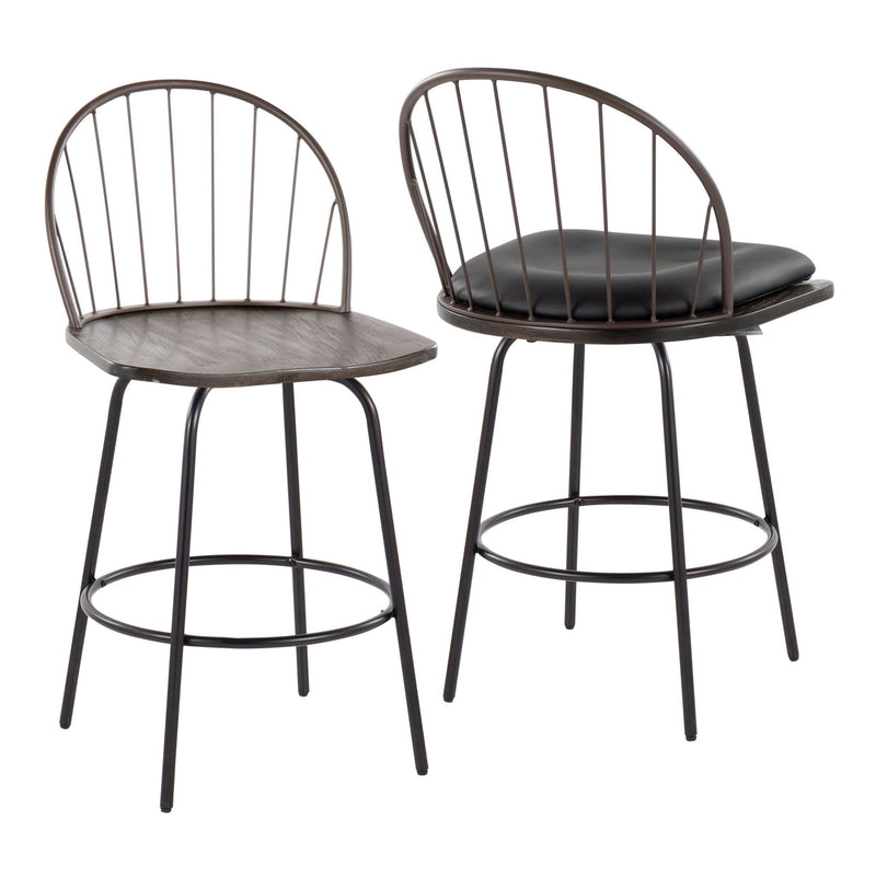 Lumi Source Riley Claire farmhouse counter stool set with swivel, fixed height, round footrest, and rustic wood finish, two stools shown.