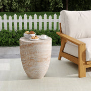 Noble House beige concrete side table with travertine top, suitable for outdoor or indoor use, lightweight and stylish.