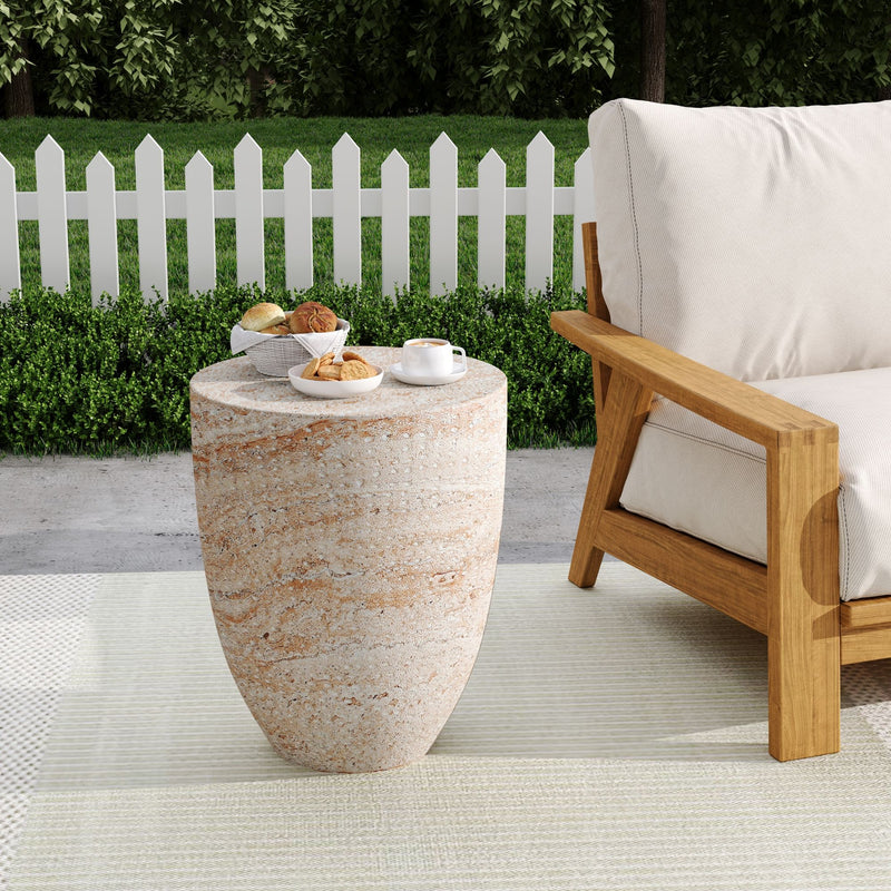 Noble House beige concrete side table with travertine top, suitable for outdoor or indoor use, lightweight and stylish.