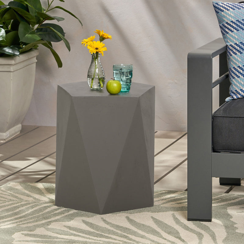 Noble House side table with geometric design, showcasing a modern, stylish wood surface and unique angular metal legs.