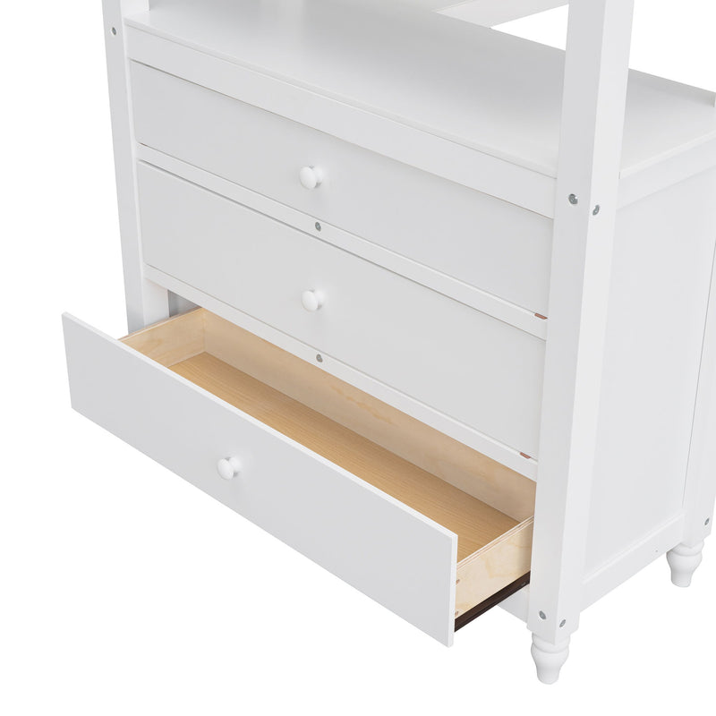 DreamHaus loft bed with integrated desk, drawers, and shelves, showcasing a modern space-saving bedroom furniture design.
