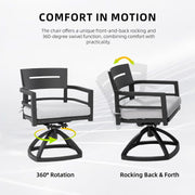 Two outdoor patio swivel rocker chairs with black frames and sunbrella fabric cushions, set of 2 by Life Outside.