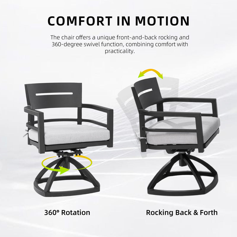 Two outdoor patio swivel rocker chairs with black frames and sunbrella fabric cushions, set of 2 by Life Outside.