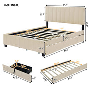DreamHaus platform upholstered storage bed with two drawers and twin long trundle, featuring a padded headboard and modern design.