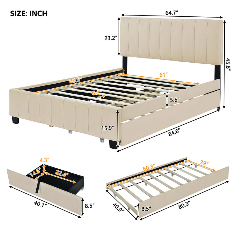 DreamHaus platform upholstered storage bed with two drawers and twin long trundle, featuring a padded headboard and modern design.