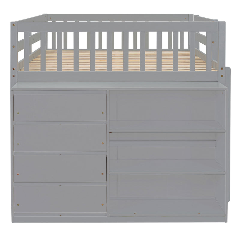 DreamHaus bunk bed with built-in four drawers and three shelves, showcasing a sturdy wooden frame and space-saving design.