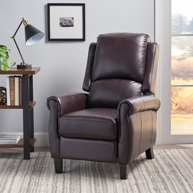 Noble House Memphis burgundy standard recliner club chair with cushioned armrests and plush fabric upholstery.