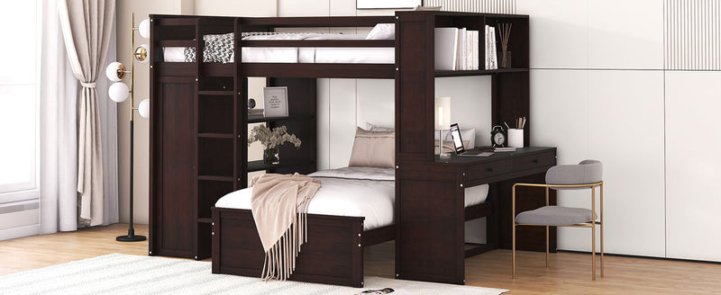 DreamHaus loft bed with twin size standalone bed, shelves, desk, and wardrobe, showcasing a modern multi-functional bedroom setup.