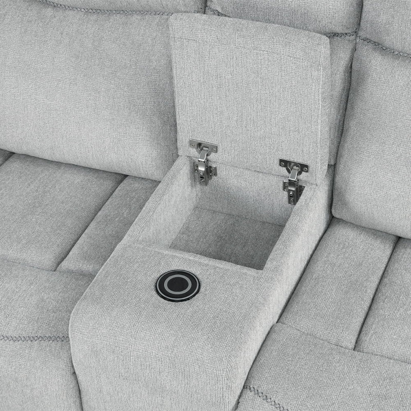Galya - Motion Loveseat With Console - Light Gray Chenille - R&R Furniture Gallery (Fountain Valley, CA)