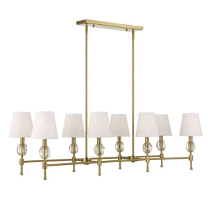 Uttermost Arques 8 Light Linear Chandelier with white and gold finish, featuring sleek modern design and multiple light fixtures.