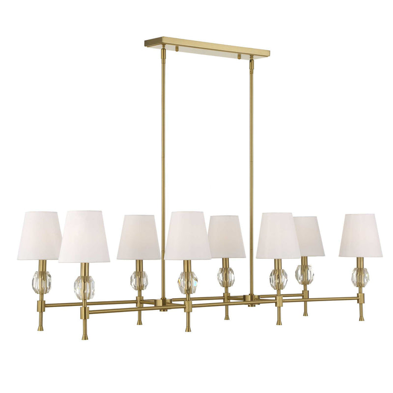 Uttermost Arques 8 Light Linear Chandelier with white and gold finish, featuring sleek modern design and multiple light fixtures.