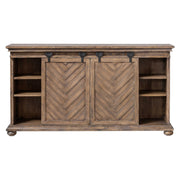 Uttermost Primalia barn door media console in light brown wood with black hardware, ideal for TV and media storage.