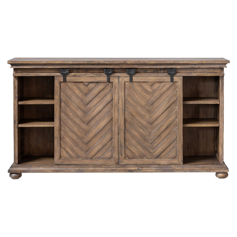Uttermost Primalia barn door media console in light brown wood with black hardware, ideal for TV and media storage.