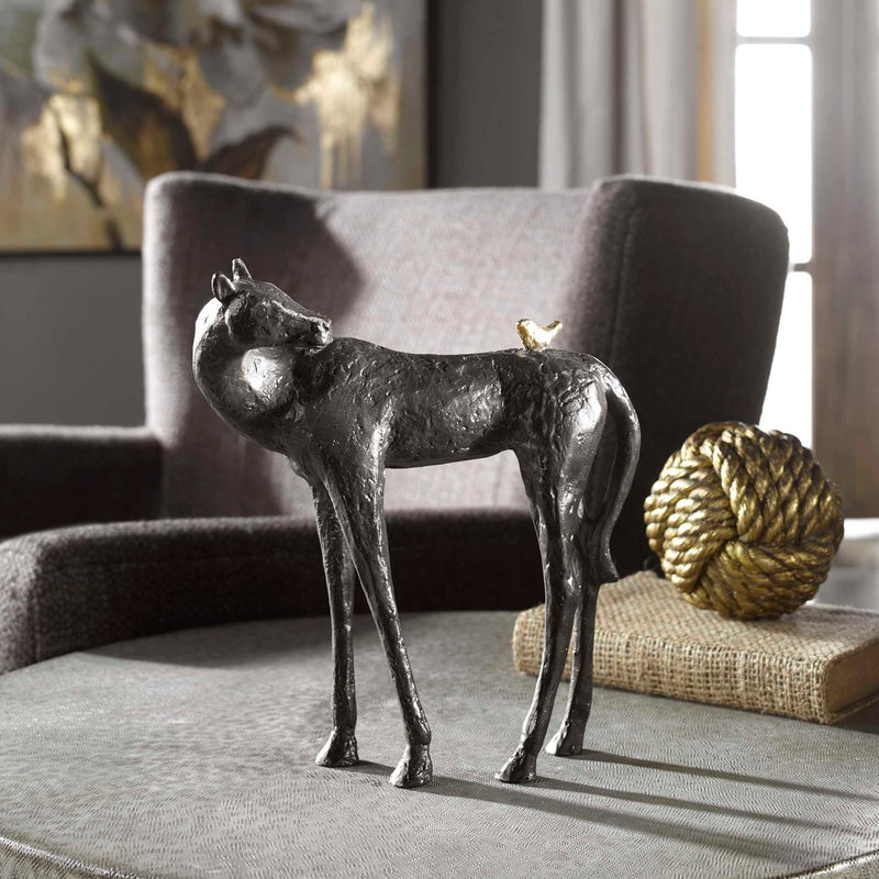 Black horse sculpture from Hello Friend collection by Uttermost, featuring detailed craftsmanship in a decorative figurine.