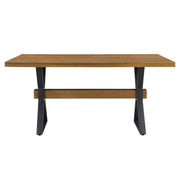 Brown farmhouse style dining table with X-shaped legs and moulded details by Noble House, showcasing a sturdy wooden design.