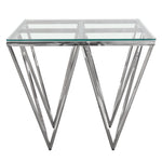 Omni Square End Table with Clear Tempered Glass Top and Polished Stainless Steel Base by Diamond Sofa