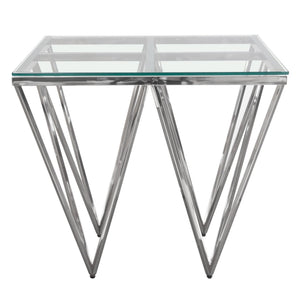 Omni Square End Table with Clear Tempered Glass Top and Polished Stainless Steel Base by Diamond Sofa