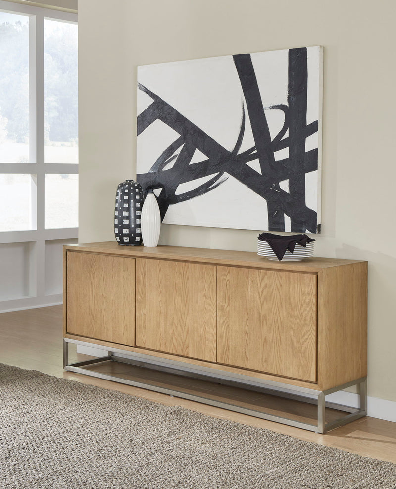 One Modern Coastal Metal Base Sideboard in White Oak and Brushed Stainless Steel