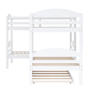 White DreamHaus twin L-shaped bunk bed with trundle, featuring sturdy wood frame and space-saving design for children's bedrooms.