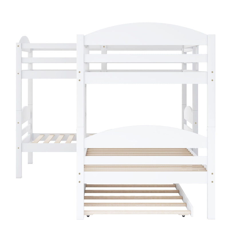 White DreamHaus twin L-shaped bunk bed with trundle, featuring sturdy wood frame and space-saving design for children's bedrooms.
