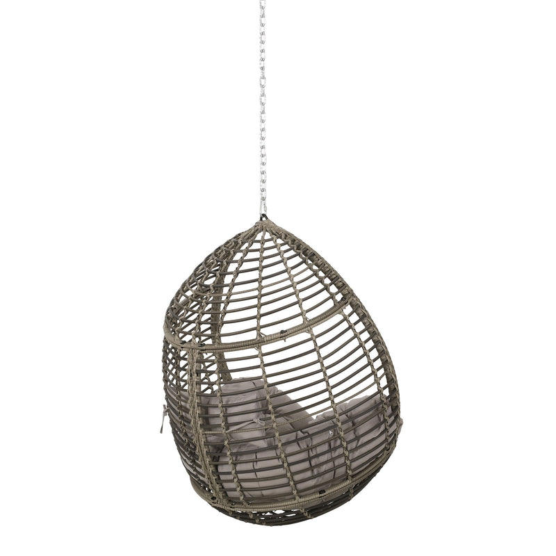 Noble House Morris Teardrop hanging chair with chain and water-resistant cushions, designed for outdoor relaxation.