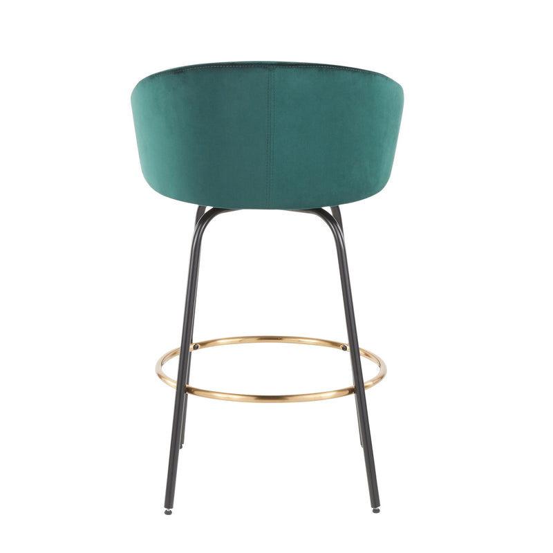 Pair of Lumi Source Claire contemporary glam counter stools with sleek black seats and gold legs, set of two.