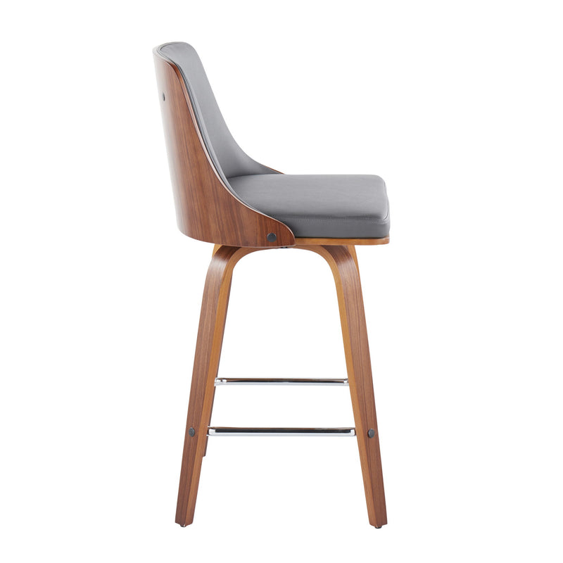 Lumi Source Gianna mid-century modern counter stool set with swivel seats and square footrests, featuring sleek design and wooden legs.