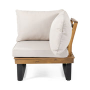 Noble House Sebastian beige 4-piece outdoor sofa set with water-resistant cushions, teak frame, and plush seating.