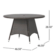 Brown Corsica round dining table by Noble House, featuring a smooth wooden surface and sturdy legs for elegant dining space.