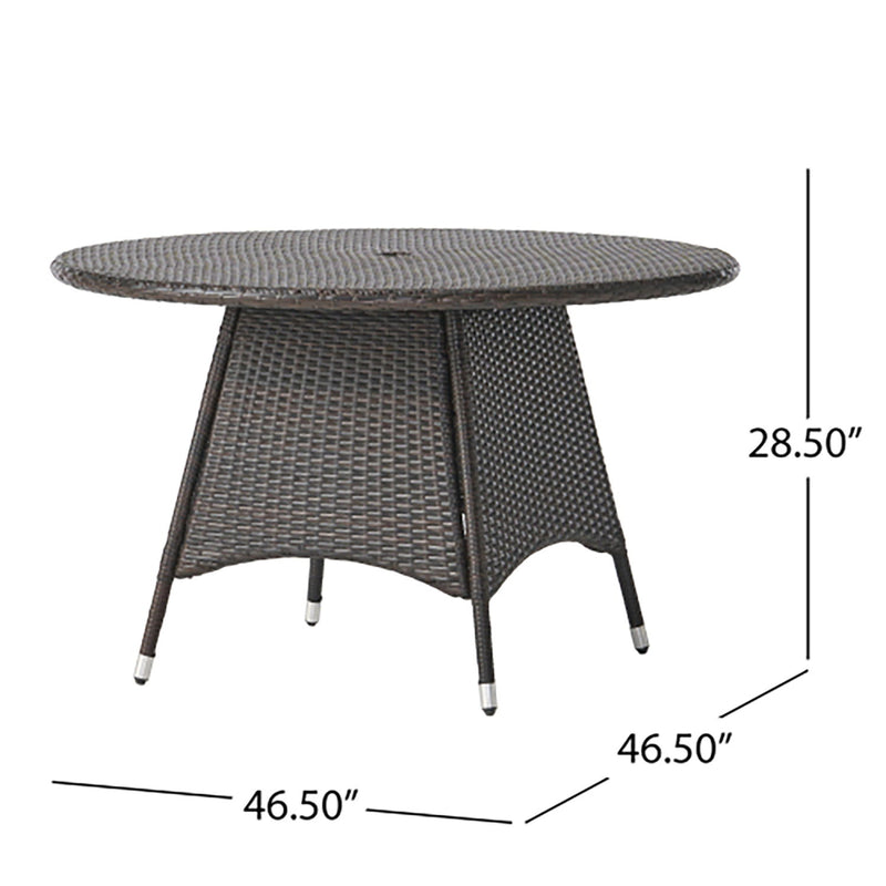 Brown Corsica round dining table by Noble House, featuring a smooth wooden surface and sturdy legs for elegant dining space.