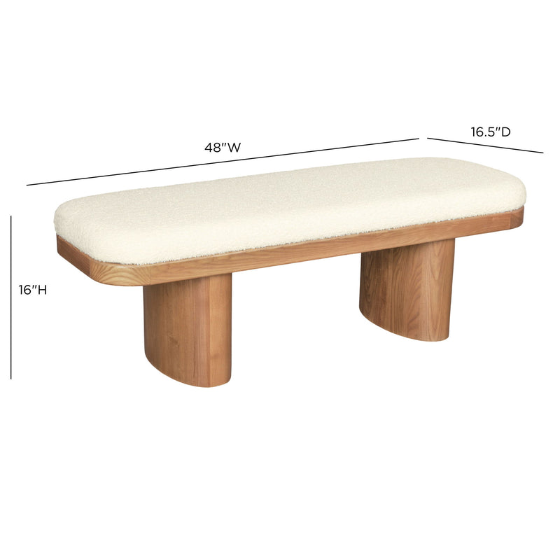 TOV Furniture Ollie boucle wooden bench in white, upholstered with soft fabric, showcasing a modern, stylish design with wooden legs.