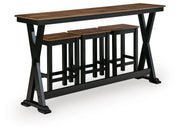 Wildenauer rectangular dining room counter table set with four brown and black wood tables and matching chairs by Signature Design Ashley.