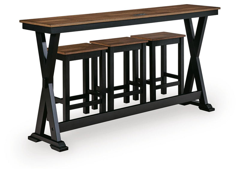 Wildenauer rectangular dining room counter table set with four brown and black wood tables and matching chairs by Signature Design Ashley.