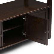 Handcrafted Warm Shaker entryway storage bench by Simpli-Home with wooden finish and cushioned seat for seating and organization.