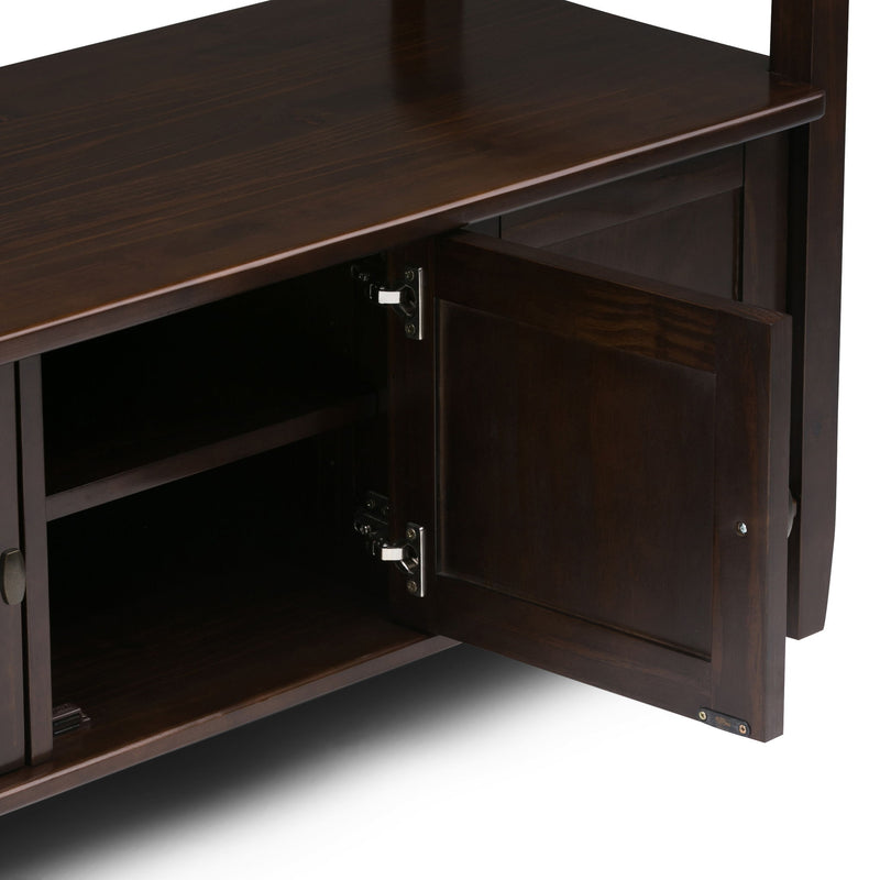 Handcrafted Warm Shaker entryway storage bench by Simpli-Home with wooden finish and cushioned seat for seating and organization.