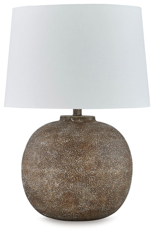 Neavesboro - Metal Table Lamp - Antique Brown / White - R&R Furniture Gallery (Fountain Valley, CA)