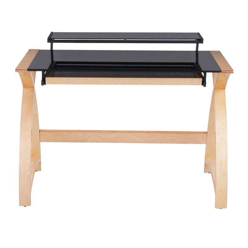 Lumi Source Bentley mid-century modern office desk with natural wood finish and black lift-top, sleek and stylish workspace furniture