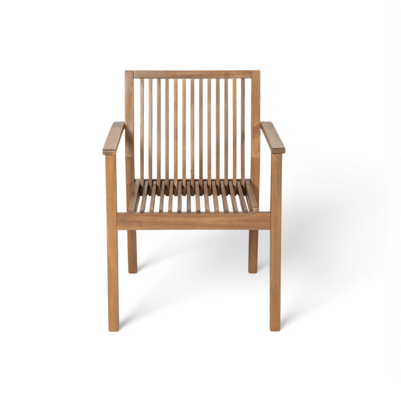 Noble House 5-piece outdoor patio furniture set with acacia wood table and four heavy-duty cushioned chairs for garden or patio.