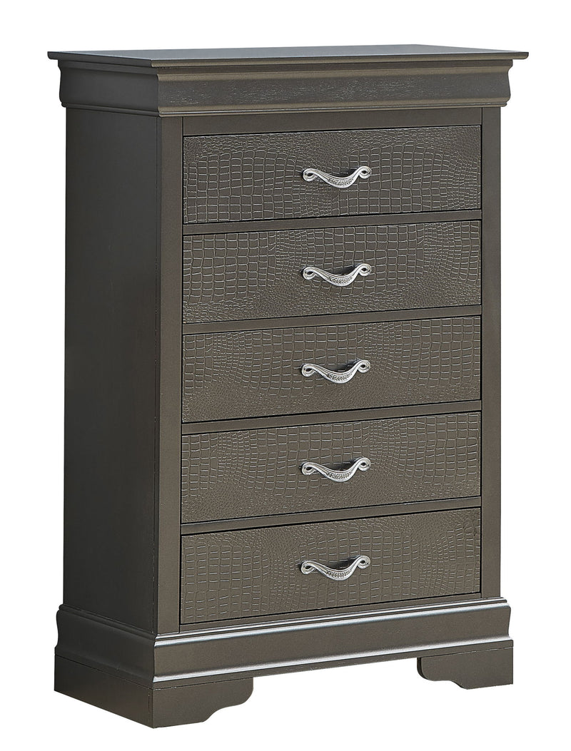 Black metal accent chest from Glory Furniture, featuring a sleek, modern design with sturdy construction and decorative hardware.