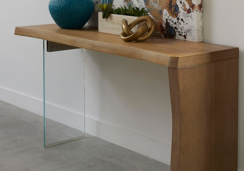 One Live-Edge White Oak and Glass Console Table in Bisque
