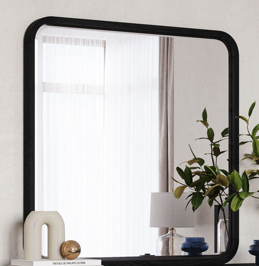 Modus Elora beveled glass mirror in jet black ash finish, showcasing its sleek, modern design and reflective surface.