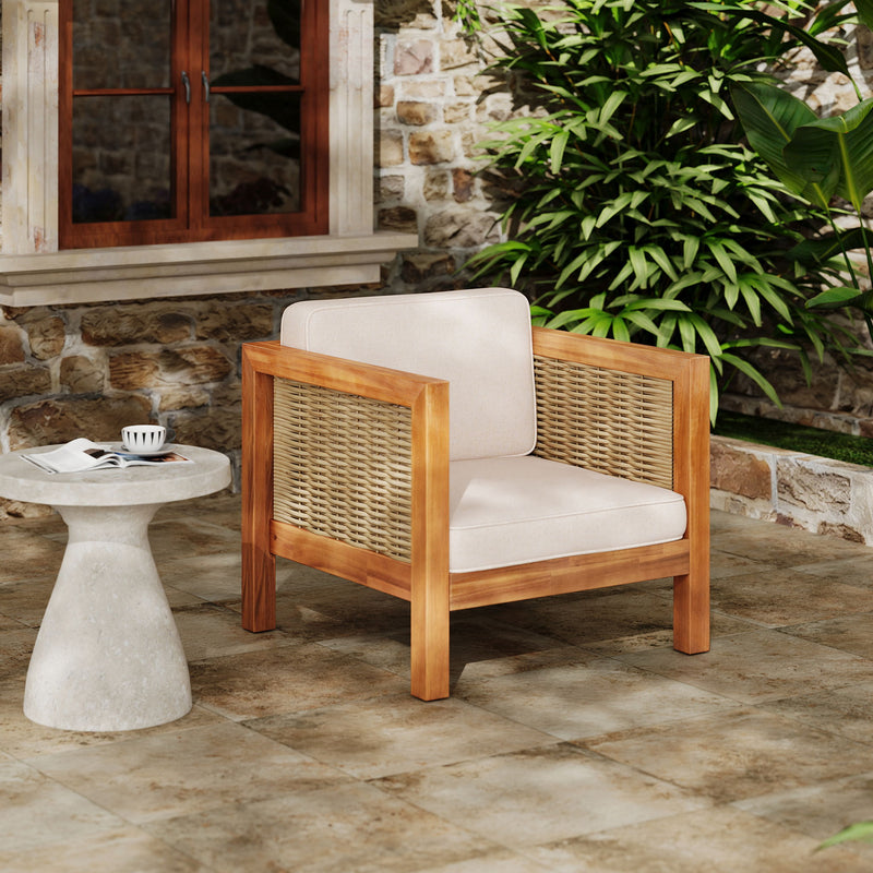Outdoor Club Chair With Rope Arm And Cushions - Beige / Teak - R&R Furniture Gallery (Fountain Valley, CA)