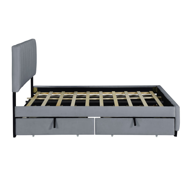 DreamHaus platform upholstered storage bed with two drawers and twin long trundle, showcasing its plush headboard and sleek design.