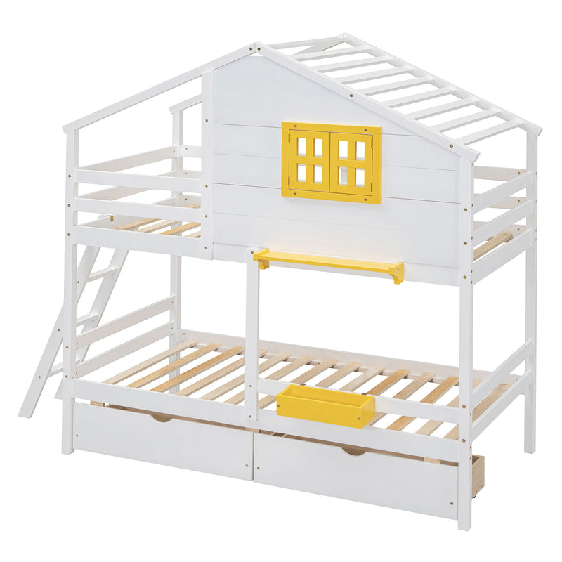 DreamHaus bunk bed with playhouse roof and window, featuring a sturdy frame and fun design for kids' bedroom decor.